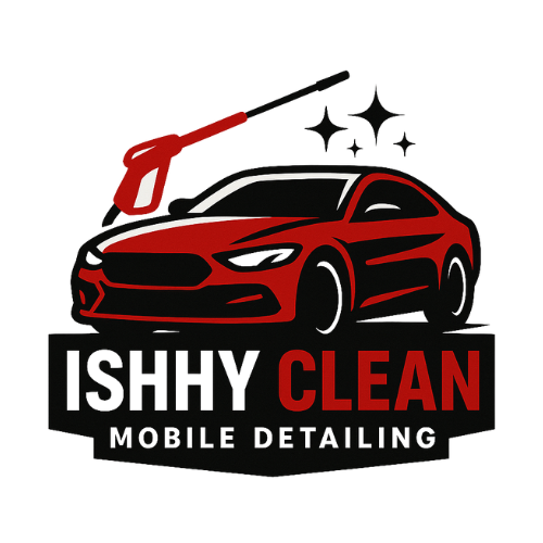 Red car being cleaned with pressure washer for mobile detailing service